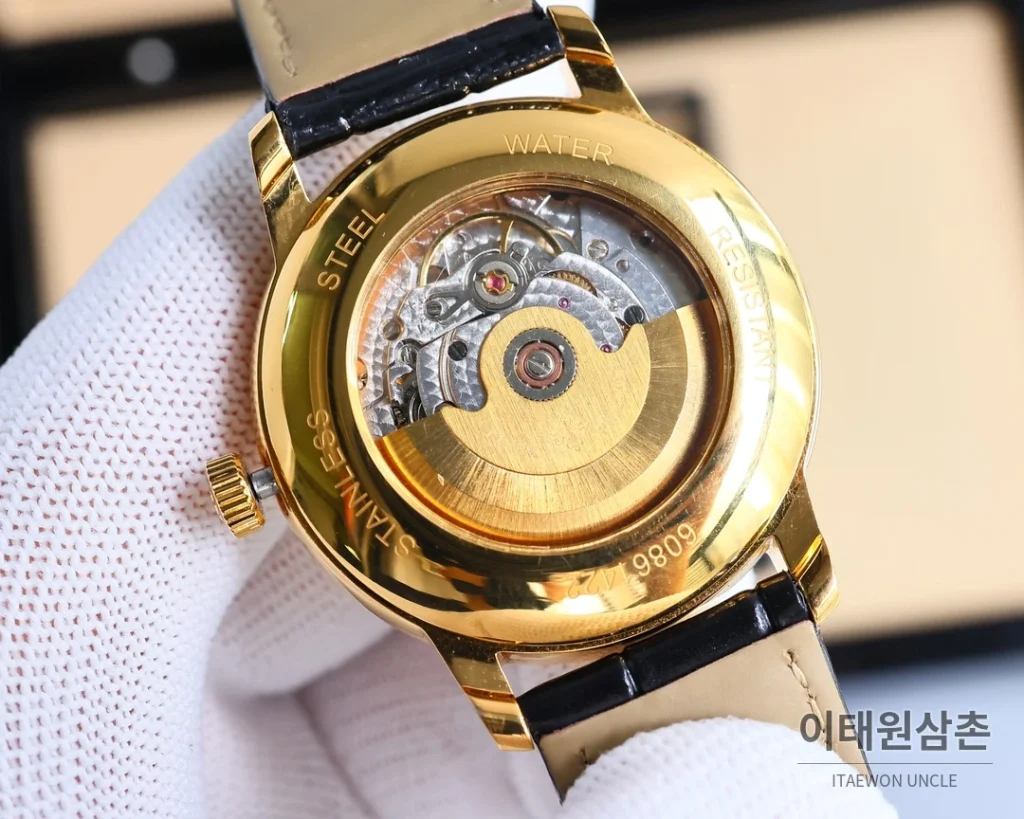 파텍필립 오토매틱 40mm 화이트 다이얼 블랙 가죽 스트랩 골드 베젤 (2)