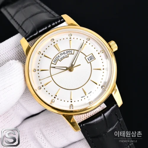 파텍필립 칼라트라바 오토매틱 42mm 화이트 다이얼 블랙 가죽 스트랩 골드 베젤