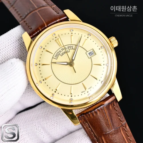파텍필립 칼라트라바 오토매틱 42mm 샴페인 다이얼 브라운 가죽 스트랩 골드 베젤