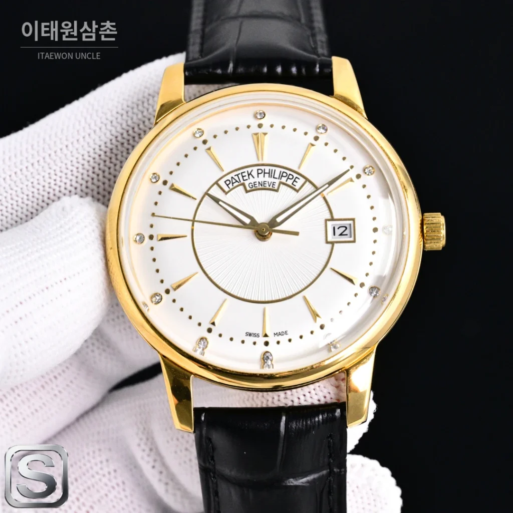 파텍필립 칼라트라바 오토매틱 42mm 화이트 다이얼 블랙 가죽 스트랩 골드 베젤