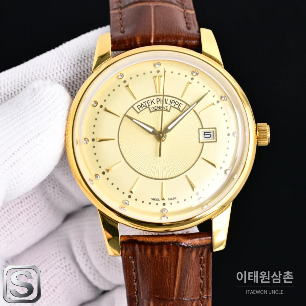 파텍필립 칼라트라바 오토매틱 42mm 샴페인 다이얼 브라운 가죽 스트랩 골드 베젤