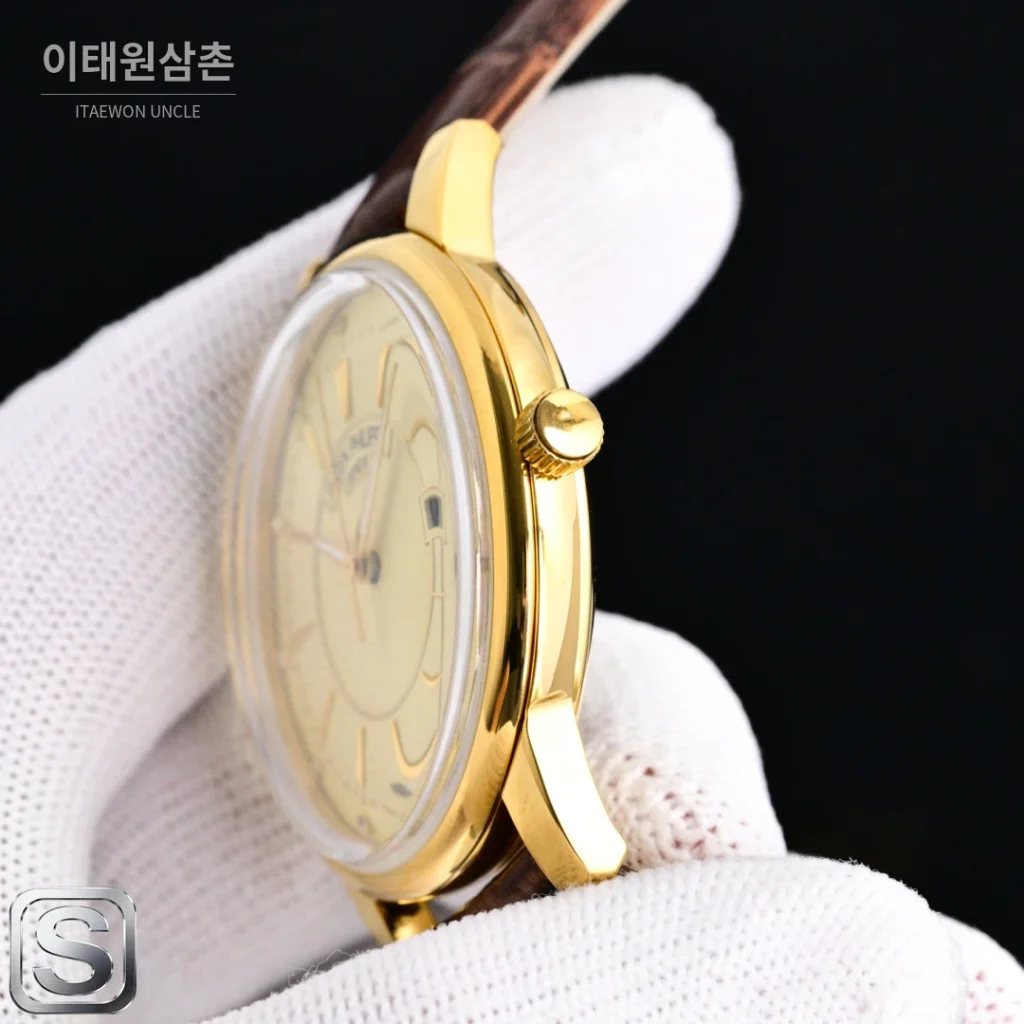 파텍필립 칼라트라바 오토매틱 42mm 화이트 다이얼 블랙 가죽 스트랩 골드 베젤