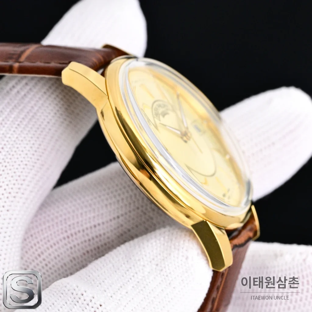 파텍필립 칼라트라바 오토매틱 42mm 화이트 다이얼 블랙 가죽 스트랩 골드 베젤