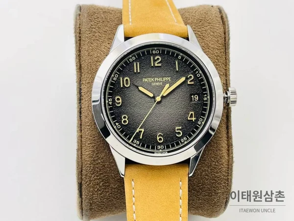 파텍필립 칼라트라바 클루 드 파리 카본그레이 다이얼 오토매틱 40mm 카본 그레이 옐로우 가죽 스트랩