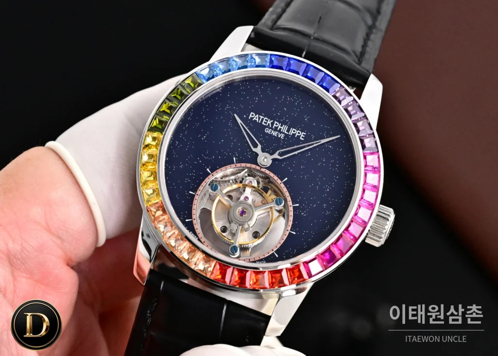파텍필립 칼라트라바 다이아베젤 투르비옹 매뉴얼 42mm 네이비 다이얼 블랙 가죽 스트랩
