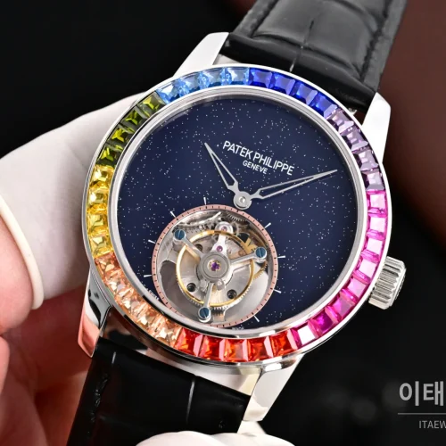 파텍필립 칼라트라바 다이아베젤 투르비옹 매뉴얼 42mm 네이비 다이얼 블랙 가죽 스트랩 파텍필립 칼라트라바 다이아베젤 투르비옹 매뉴얼 42mm 네이비 다이얼 블랙 가죽 스트랩
