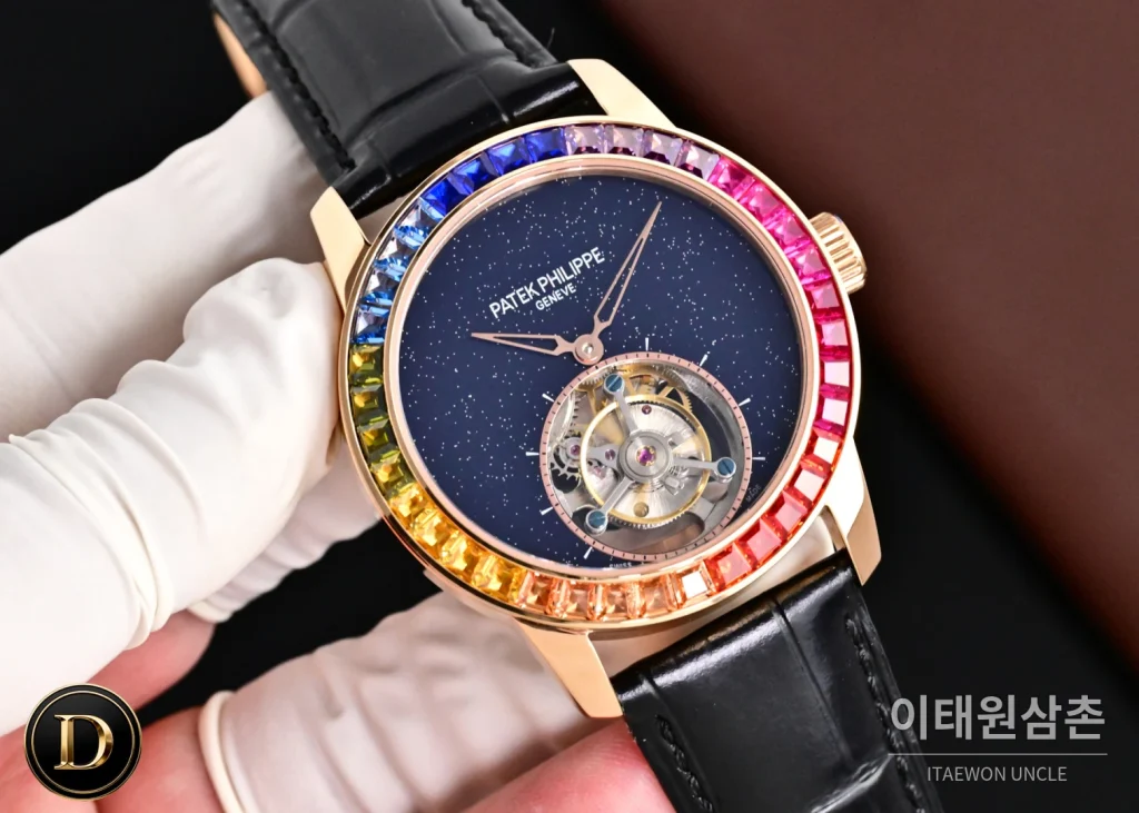 파텍필립 칼라트라바 다이아베젤 투르비옹 매뉴얼 42mm 네이비 다이얼 블랙 가죽 스트랩 로즈골드 케이스