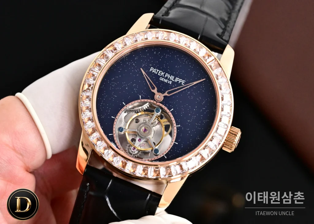 파텍필립 칼라트라바 다이아베젤 투르비옹 매뉴얼 42mm 네이비 다이얼 블랙 가죽 스트랩 로즈골드 케이스 (2)
