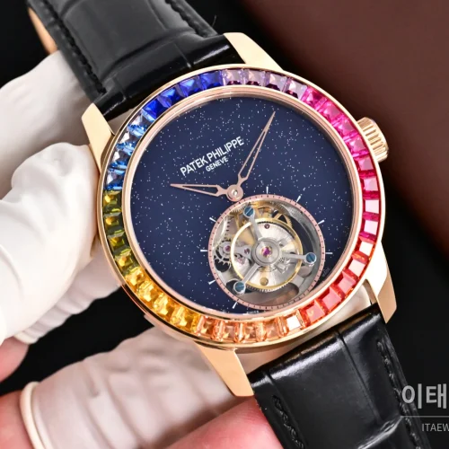 파텍필립 칼라트라바 다이아베젤 투르비옹 매뉴얼 42mm 네이비 다이얼 블랙 가죽 스트랩 로즈골드 케이스 파텍필립 칼라트라바 다이아베젤 투르비옹 매뉴얼 42mm 네이비 다이얼 블랙 가죽 스트랩 로즈골드 케이스