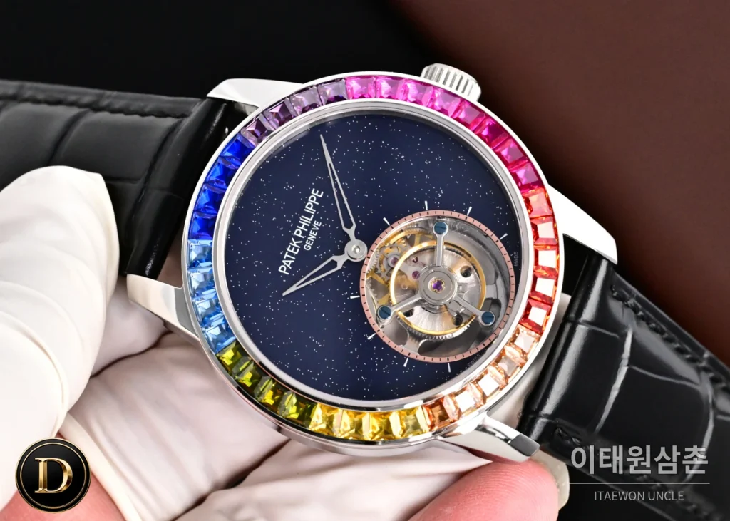 파텍필립 칼라트라바 다이아베젤 투르비옹 매뉴얼 42mm 네이비 다이얼 블랙 가죽 스트랩