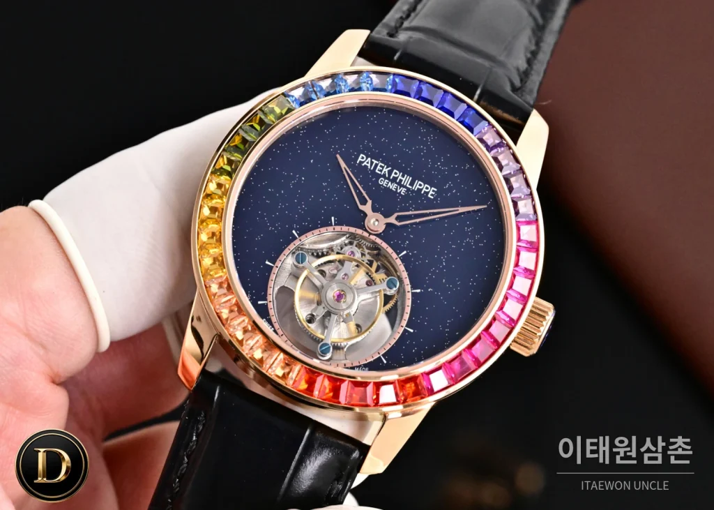 파텍필립 칼라트라바 다이아베젤 투르비옹 매뉴얼 42mm 네이비 다이얼 블랙 가죽 스트랩 로즈골드 케이스