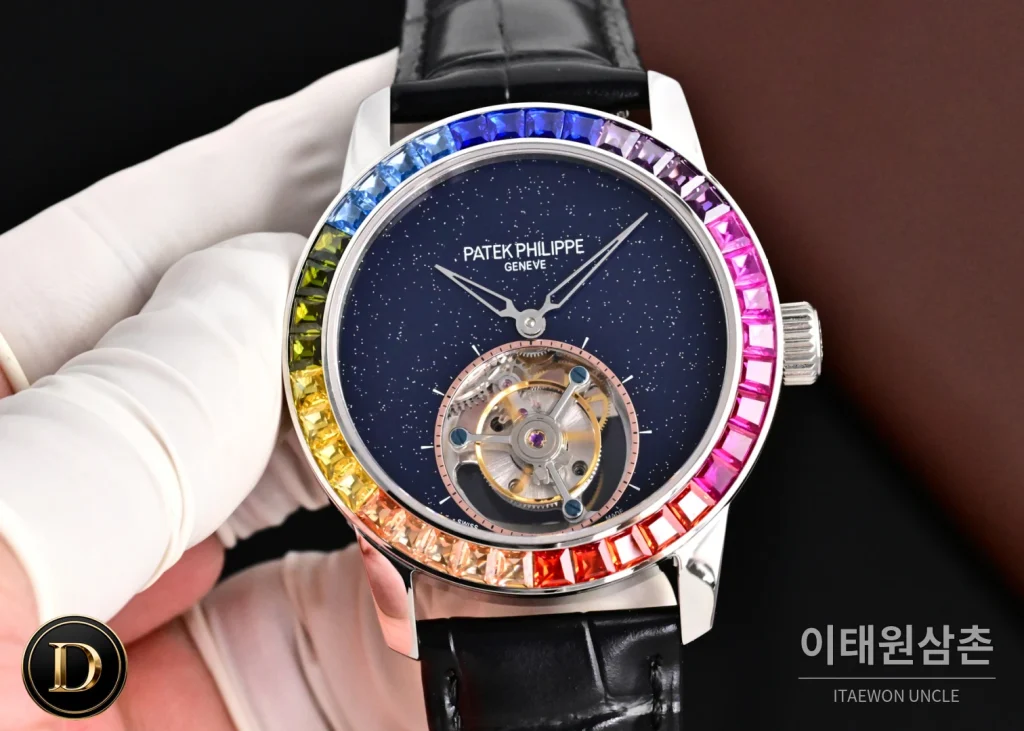 파텍필립 칼라트라바 다이아베젤 투르비옹 매뉴얼 42mm 네이비 다이얼 블랙 가죽 스트랩