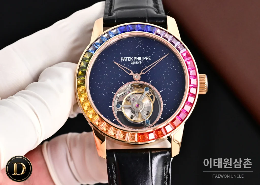 파텍필립 칼라트라바 다이아베젤 투르비옹 매뉴얼 42mm 네이비 다이얼 블랙 가죽 스트랩 로즈골드 케이스