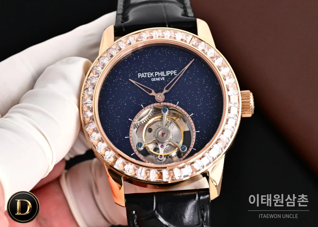 파텍필립 칼라트라바 다이아베젤 투르비옹 매뉴얼 42mm 네이비 다이얼 블랙 가죽 스트랩 로즈골드 케이스 (2)