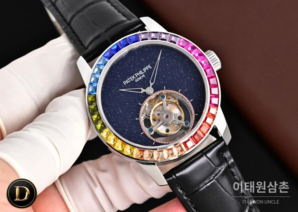 파텍필립 칼라트라바 다이아베젤 투르비옹 매뉴얼 42mm 네이비 다이얼 블랙 가죽 스트랩