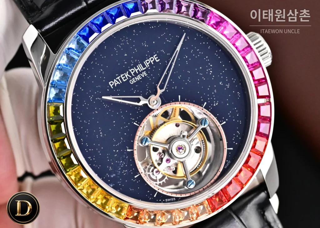 파텍필립 칼라트라바 다이아베젤 투르비옹 매뉴얼 42mm 네이비 다이얼 블랙 가죽 스트랩 로즈골드 케이스