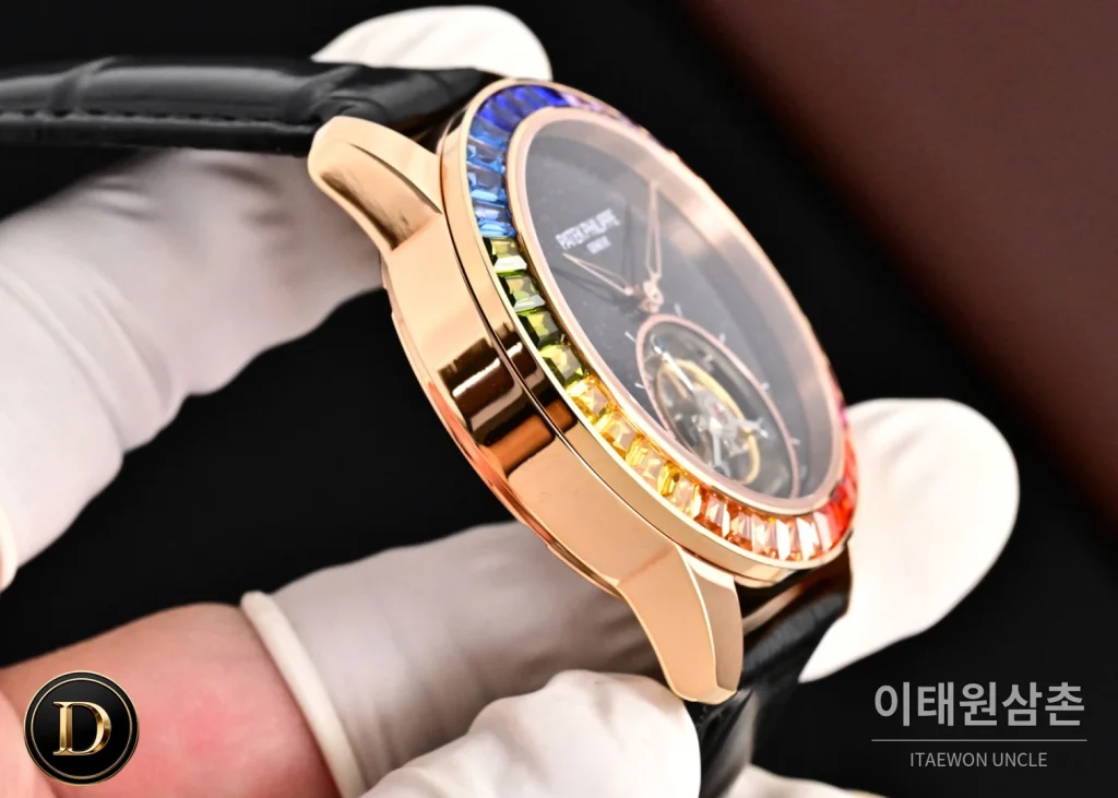 파텍필립 칼라트라바 다이아베젤 투르비옹 매뉴얼 42mm 네이비 다이얼 블랙 가죽 스트랩 로즈골드 케이스