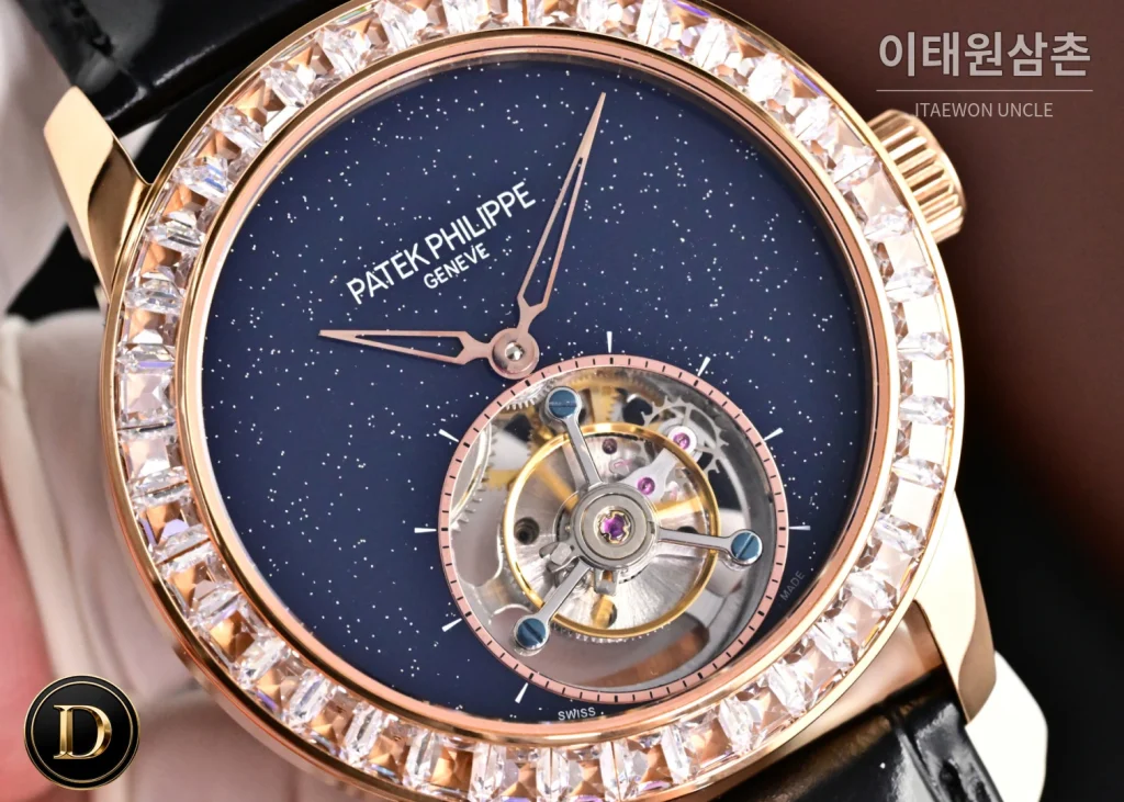 파텍필립 칼라트라바 다이아베젤 투르비옹 매뉴얼 42mm 네이비 다이얼 블랙 가죽 스트랩 로즈골드 케이스 (2)