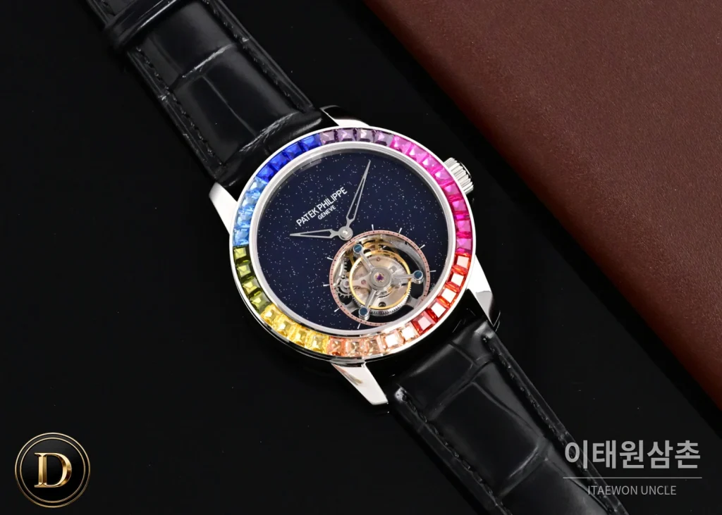 파텍필립 칼라트라바 다이아베젤 투르비옹 매뉴얼 42mm 네이비 다이얼 블랙 가죽 스트랩