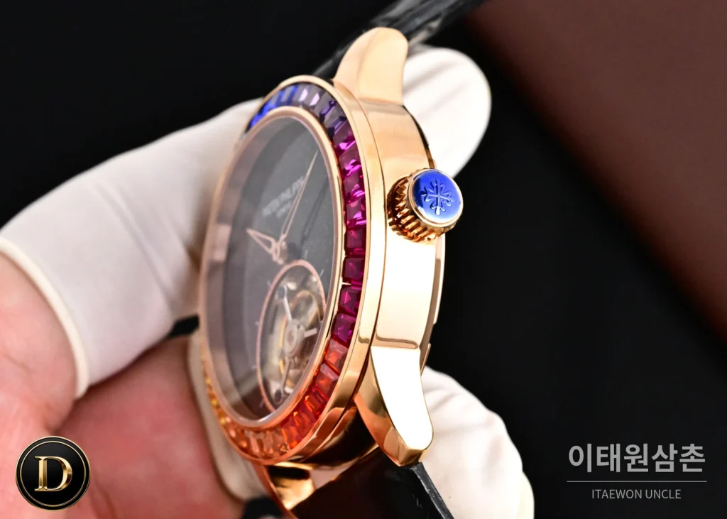 파텍필립 칼라트라바 다이아베젤 투르비옹 매뉴얼 42mm 네이비 다이얼 블랙 가죽 스트랩 로즈골드 케이스