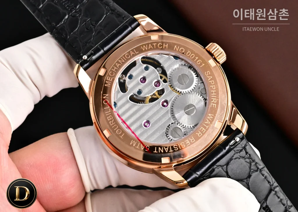 파텍필립 칼라트라바 다이아베젤 투르비옹 매뉴얼 42mm 네이비 다이얼 블랙 가죽 스트랩 로즈골드 케이스 (2)