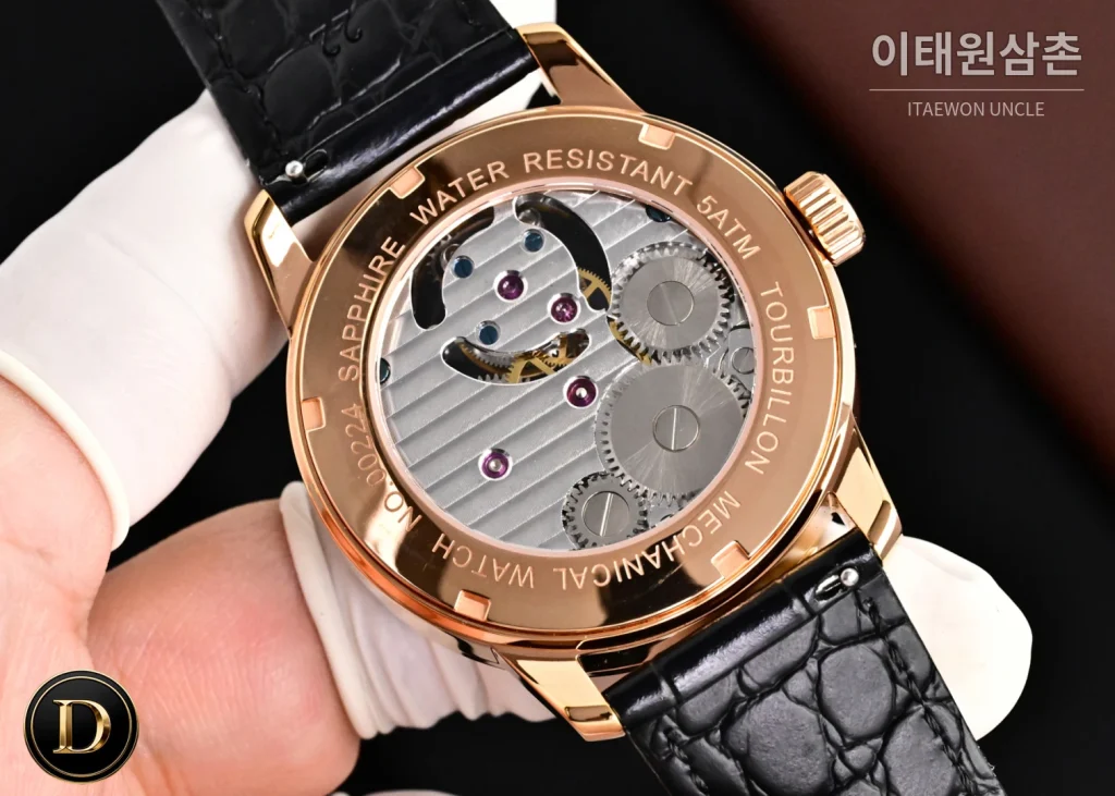 파텍필립 칼라트라바 다이아베젤 투르비옹 매뉴얼 42mm 네이비 다이얼 블랙 가죽 스트랩 로즈골드 케이스