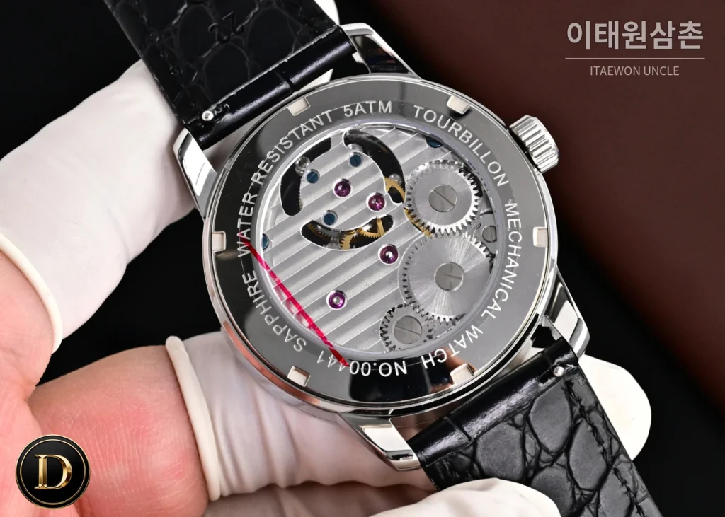 파텍필립 칼라트라바 다이아베젤 투르비옹 매뉴얼 42mm 네이비 다이얼 블랙 가죽 스트랩 (2)