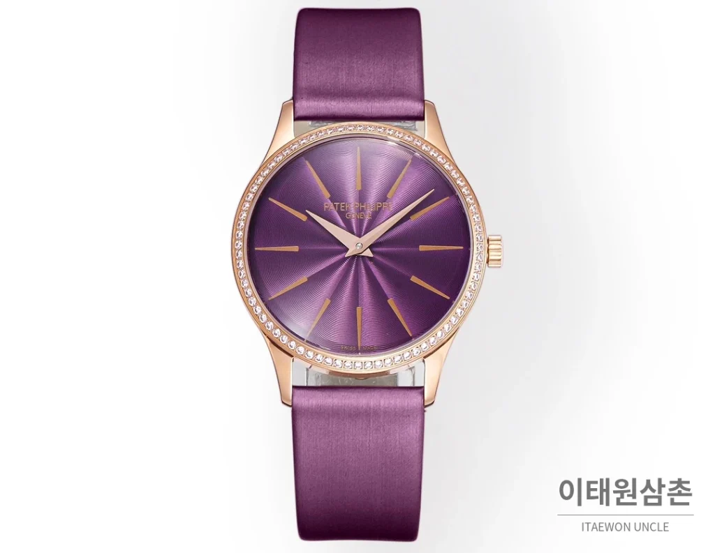 파텍필립 칼라트라바 골드베젤 버건디 엠보싱다이얼 울트라씬 오토매틱 35mm