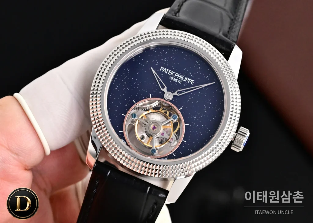 파텍필립 칼라트라바 파리호브네일 다이아베젤 투르비옹 매뉴얼 42mm 네이비 다이얼 블랙 가죽 스트랩