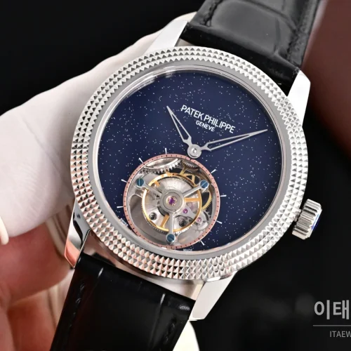 파텍필립 칼라트라바 파리호브네일 다이아베젤 투르비옹 매뉴얼 42mm 네이비 다이얼 블랙 가죽 스트랩