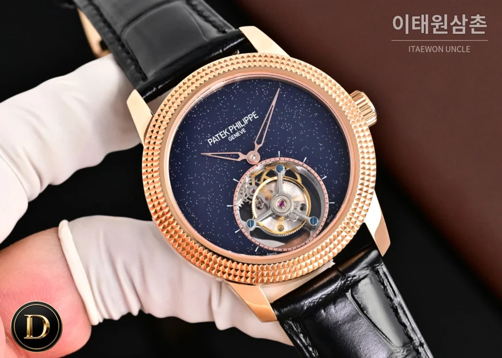 파텍필립 칼라트라바 파리호브네일 다이아베젤 투르비옹 매뉴얼 42mm 네이비 다이얼 블랙 가죽 스트랩 로즈골드 케이스