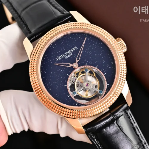파텍필립 칼라트라바 파리호브네일 다이아베젤 투르비옹 매뉴얼 42mm 네이비 다이얼 블랙 가죽 스트랩 로즈골드 케이스