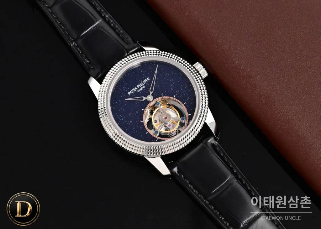 파텍필립 칼라트라바 파리호브네일 다이아베젤 투르비옹 매뉴얼 42mm 네이비 다이얼 블랙 가죽 스트랩