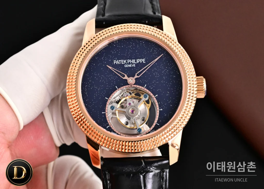 파텍필립 칼라트라바 파리호브네일 다이아베젤 투르비옹 매뉴얼 42mm 네이비 다이얼 블랙 가죽 스트랩 로즈골드 케이스