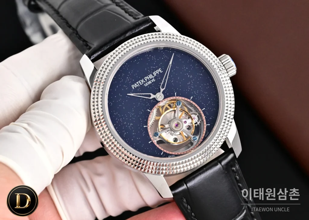 파텍필립 칼라트라바 파리호브네일 다이아베젤 투르비옹 매뉴얼 42mm 네이비 다이얼 블랙 가죽 스트랩
