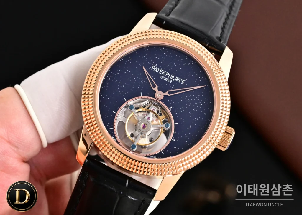 파텍필립 칼라트라바 파리호브네일 다이아베젤 투르비옹 매뉴얼 42mm 네이비 다이얼 블랙 가죽 스트랩 로즈골드 케이스