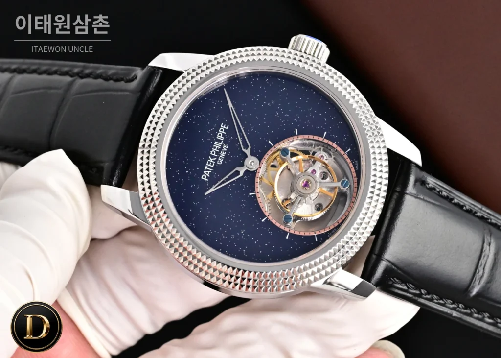 파텍필립 칼라트라바 파리호브네일 다이아베젤 투르비옹 매뉴얼 42mm 네이비 다이얼 블랙 가죽 스트랩