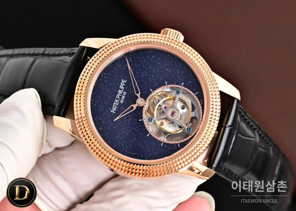 파텍필립 칼라트라바 파리호브네일 다이아베젤 투르비옹 매뉴얼 42mm 네이비 다이얼 블랙 가죽 스트랩 로즈골드 케이스