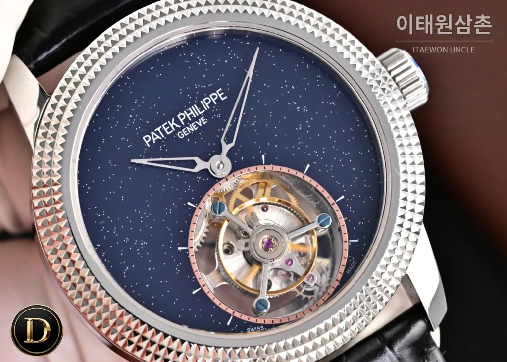 파텍필립 칼라트라바 파리호브네일 다이아베젤 투르비옹 매뉴얼 42mm 네이비 다이얼 블랙 가죽 스트랩