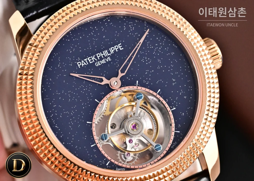 파텍필립 칼라트라바 파리호브네일 다이아베젤 투르비옹 매뉴얼 42mm 네이비 다이얼 블랙 가죽 스트랩 로즈골드 케이스
