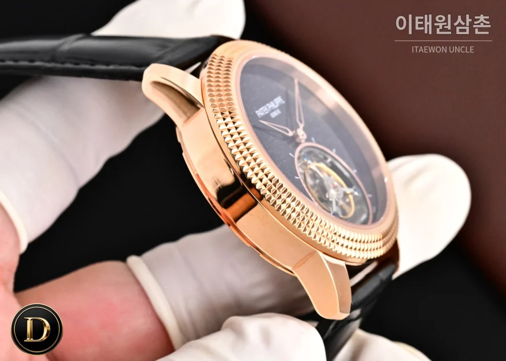 파텍필립 칼라트라바 파리호브네일 다이아베젤 투르비옹 매뉴얼 42mm 네이비 다이얼 블랙 가죽 스트랩 로즈골드 케이스
