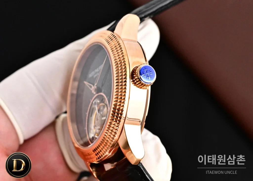 파텍필립 칼라트라바 파리호브네일 다이아베젤 투르비옹 매뉴얼 42mm 네이비 다이얼 블랙 가죽 스트랩 로즈골드 케이스