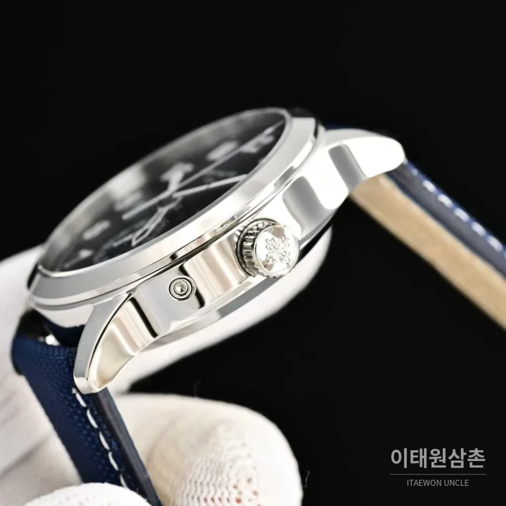 파텍필립 칼라트라바 파일럿 트래블타임 스틸 블랙다이얼 GMT 오토매틱 40.8mm 네이비 나일론 스트랩 (2)