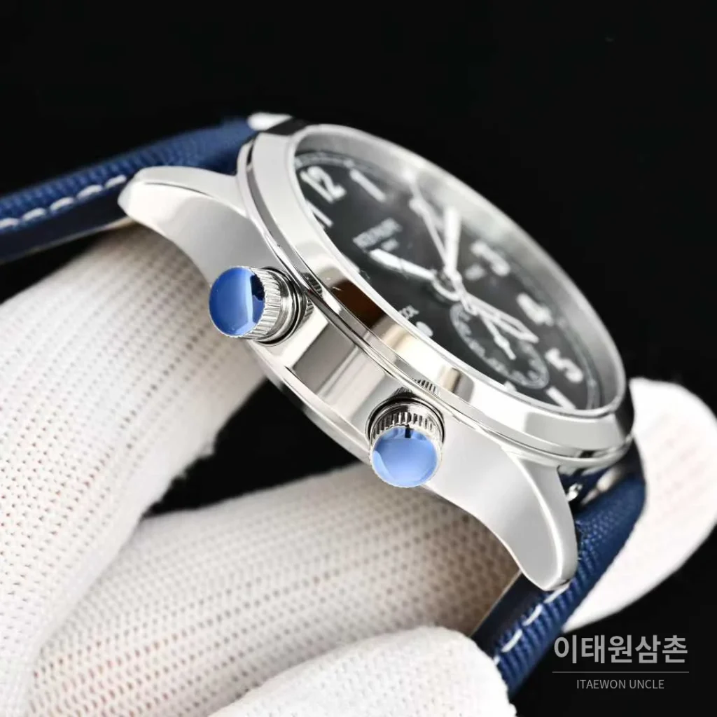 파텍필립 칼라트라바 파일럿 트래블타임 스틸 블랙다이얼 GMT 오토매틱 40.8mm 네이비 나일론 스트랩 (2)