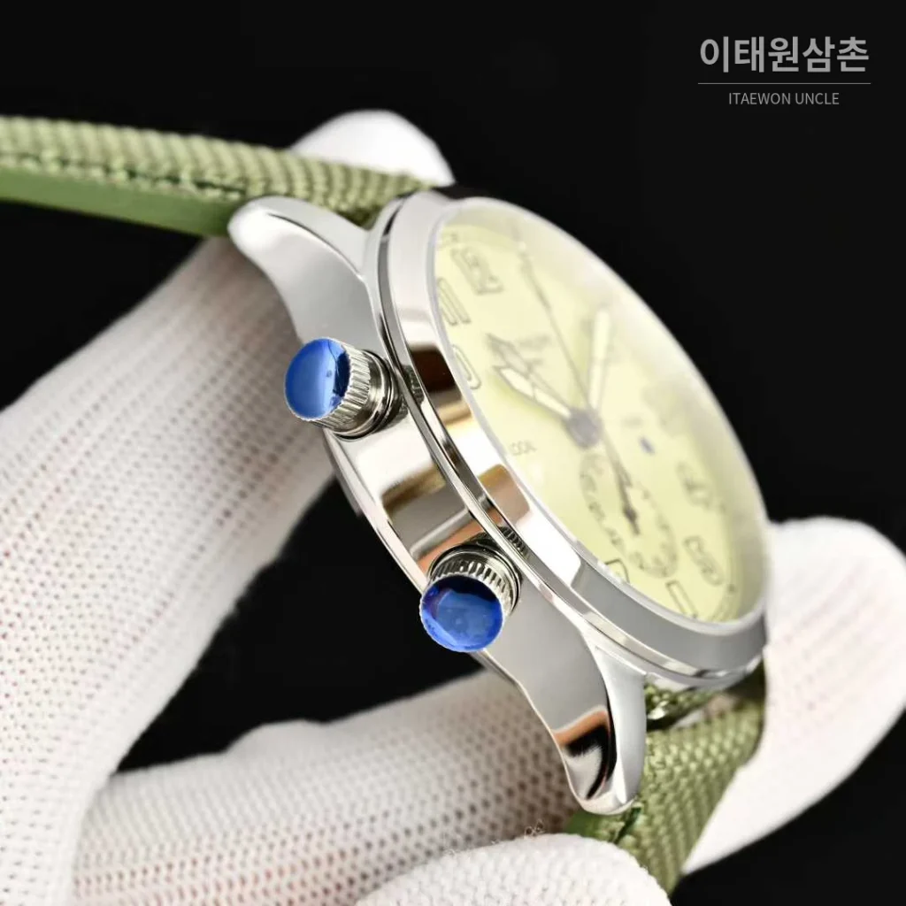파텍필립 칼라트라바 파일럿 트래블타임 스틸 블랙다이얼 GMT 오토매틱 40.8mm 그린 나일론 스트랩