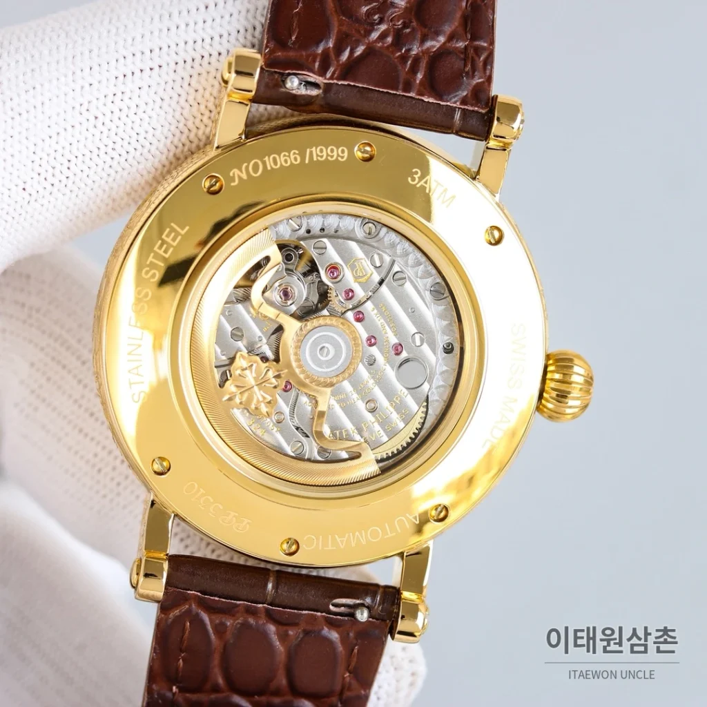 파텍필립 칼라트라바 스틸 퍼페추얼캘린더 문페이즈 오토매틱 42mm 옐로우 다이얼 브라운 가죽 스트랩 골드 베젤