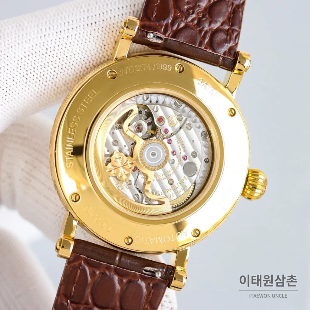 파텍필립 칼라트라바 스틸 퍼페추얼캘린더 문페이즈 오토매틱 42mm 화이트 다이얼 블랙 가죽 스트랩 골드 베젤
