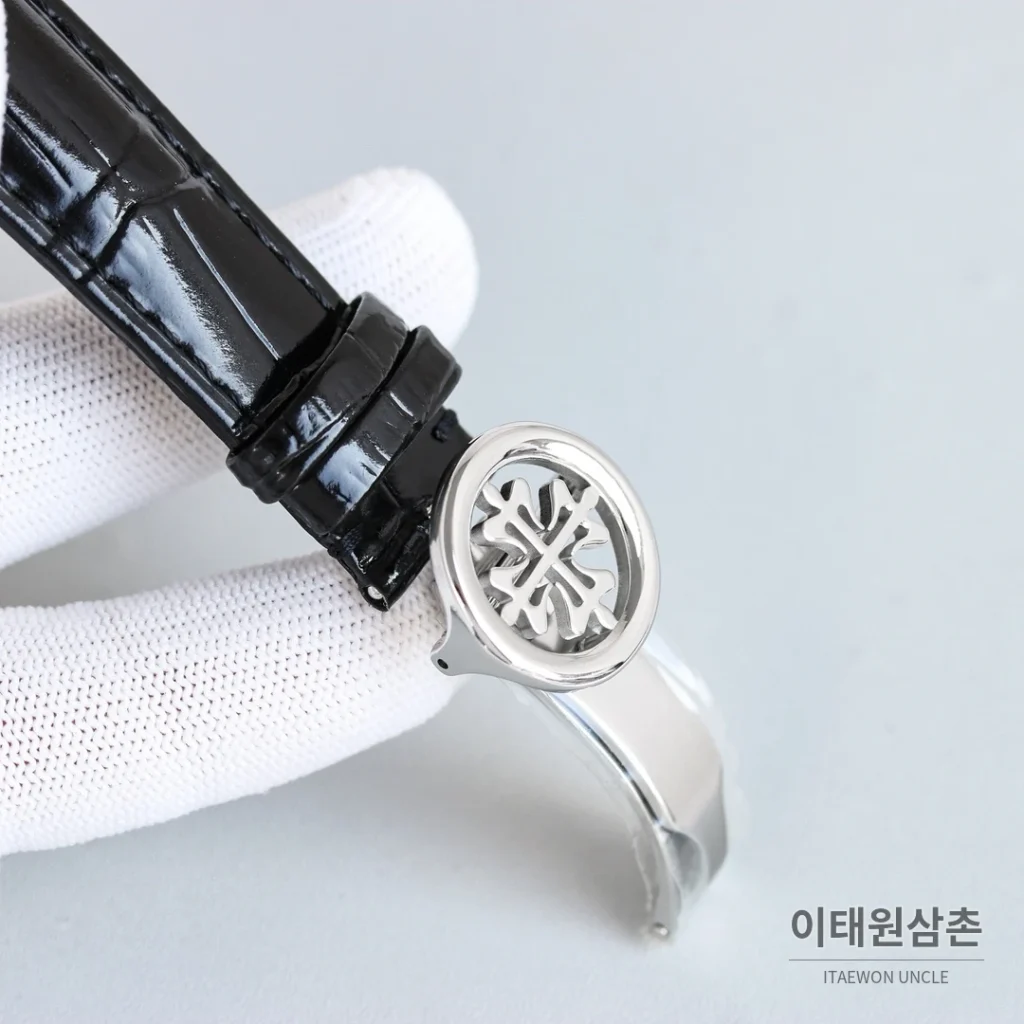 파텍필립 칼라트라바 스틸 퍼페추얼캘린더 문페이즈 오토매틱 42mm 화이트 다이얼 브라운 가죽 스트랩 로즈골드 베젤