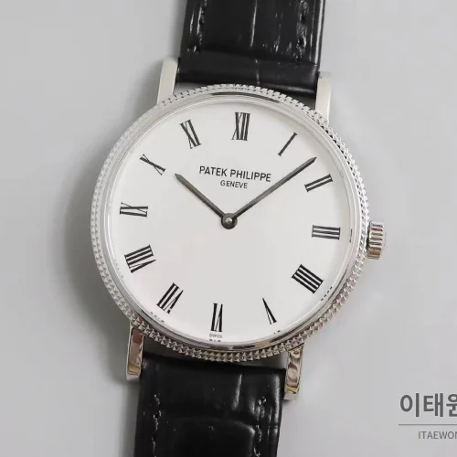 파텍필립 칼라트라바 화이트다이얼 로만인덱스 울트라씬 오토매틱 38mm 블랙 가죽 스트랩 실버 베젤
