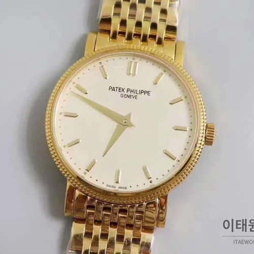 파텍필립 칼라트라바 화이트다이얼 로만인덱스 울트라씬 오토매틱 38mm 골드 브레이슬릿 골드 베젤